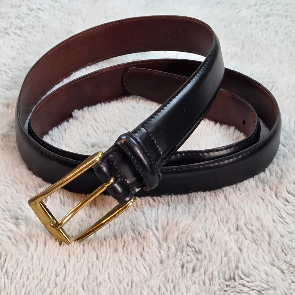 Paul Fredrick Leather Belt Mens 42 Cordovan Split Cowhide Gold Tone Buckle Black